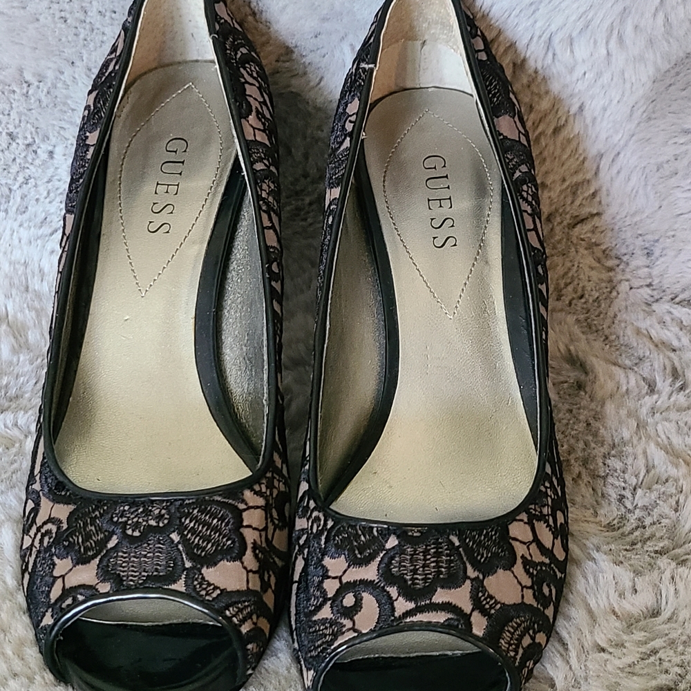 GUESS Black Lace Peep Toe Heels
